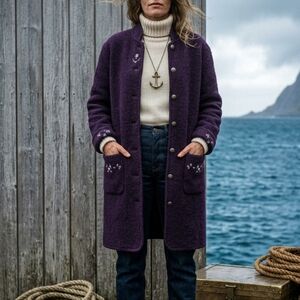 Lindor 100% Wool Long Cardigan Coat Purple Embroidered Size L Jacket Boiled Wool